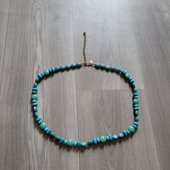 Chicos Beaded Turquoise & Aquamarine Necklace With Gold Tone Chain & Clasp - Picture 4 of 5